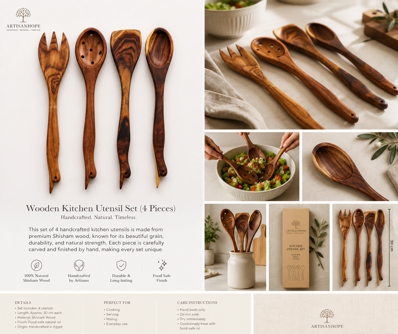Handcrafted Shisham Wood Kitchen Utensil Set – 4 Pieces