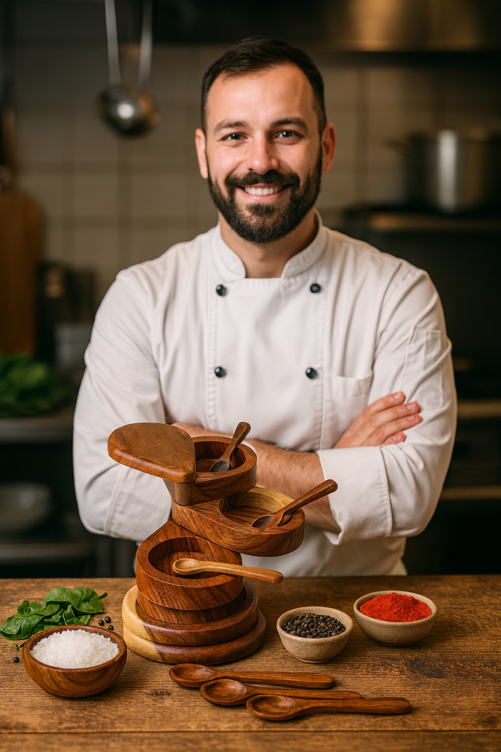 Artisanal Heart-Shaped Wooden Spice Tower – 3-Tier Storage with Spoons