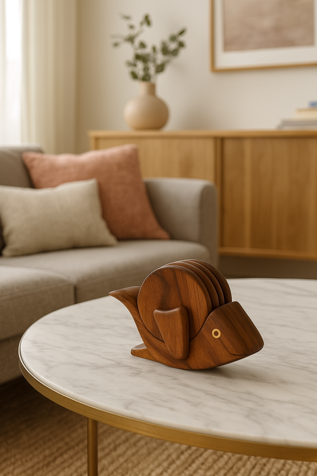 Artisan Wooden Fish Coaster Holder Set – 4 Round Coasters Included